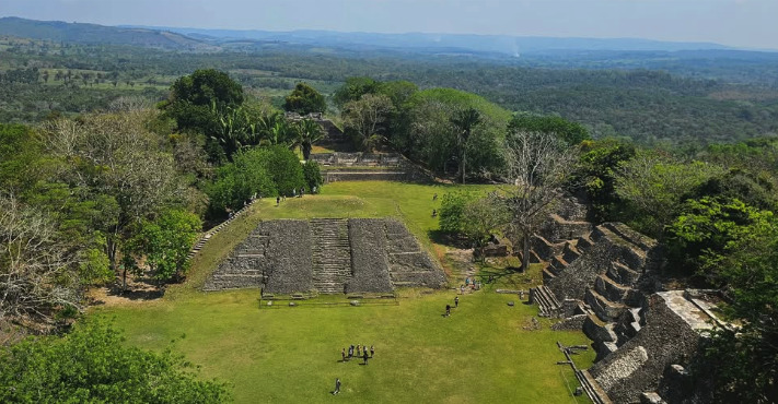 Xunantunich Mayan ruins rising above the jungle canopy, Cayo District, Belize