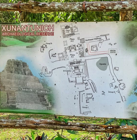 Site map board at Xunantunich Archaeological Reserve showing Plazas A-I to A-III and Groups B, C and D